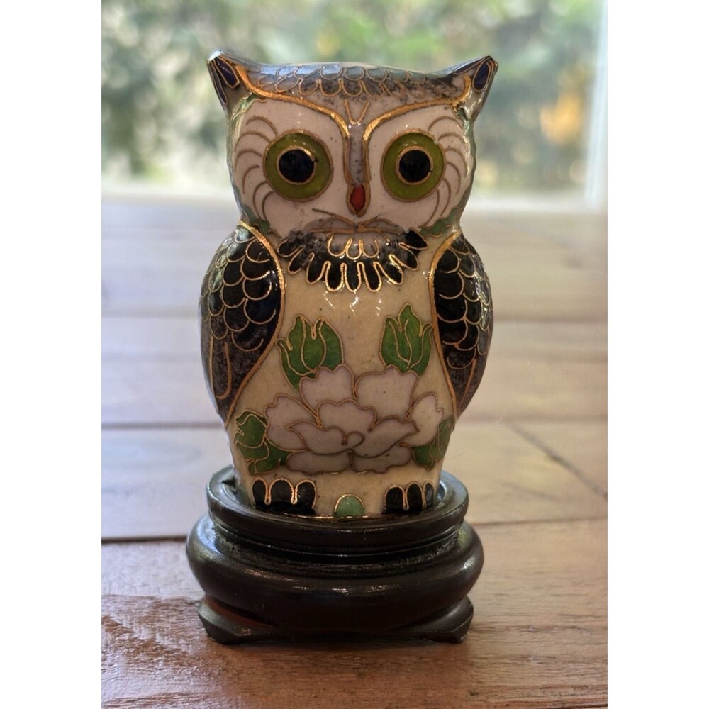 Vintage Cloisonne Enamel Brass Owl Figurine on Wooden Stand